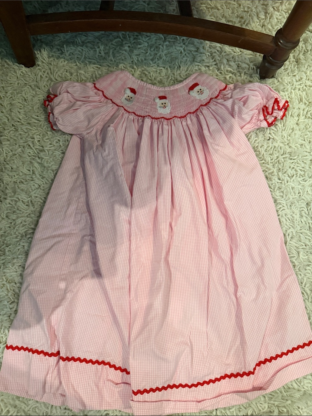 Girls' Pink Smocked Christmas Dress with Santa Motif